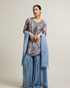 Light Blue Floral Print Sharara Suit with Mirror Work